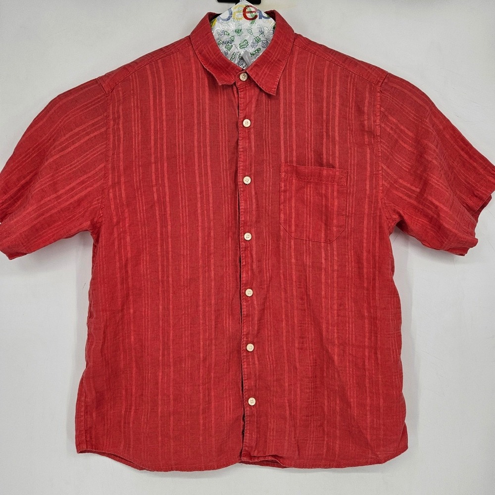 Tommy‎ Bahama Shirt Mens Large Linen Button Up Short Sleeve Dark Pink Casual